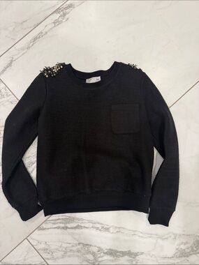 J.O.A. Black Crewneck Sweater with Bead-Embellished Shoulders